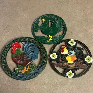 Colorful Rooster Wall Decor/Trivets Trio - Farmhouse Accent